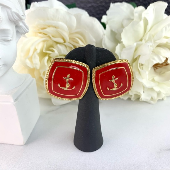 Vintage Gold Tone Anchor Sailer Red Enamel Large Square Earrings - Picture 5 of 8